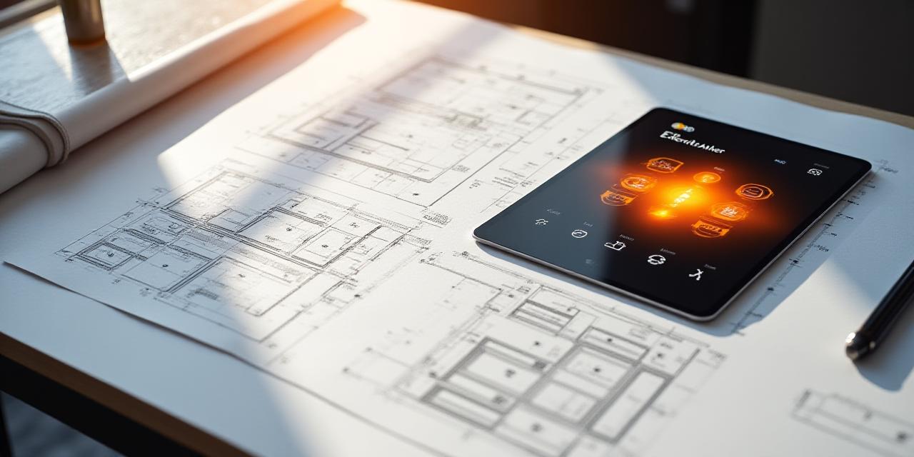 Modern architectural lighting blueprints with a digital tablet showing smart system controls