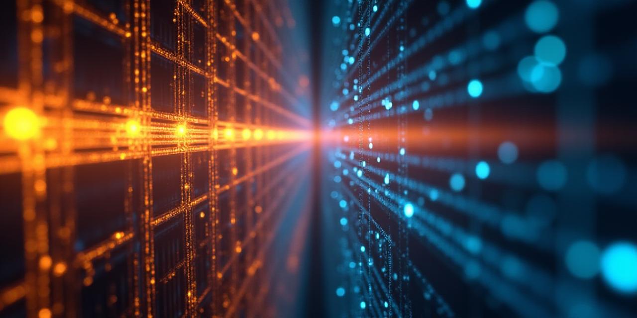 Abstract view of glowing fiber optics and digital security nodes